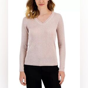 Tommy Hilfiger Women's Metallic-Knit Ribbed V-Neck Ivy Sweater size Medium